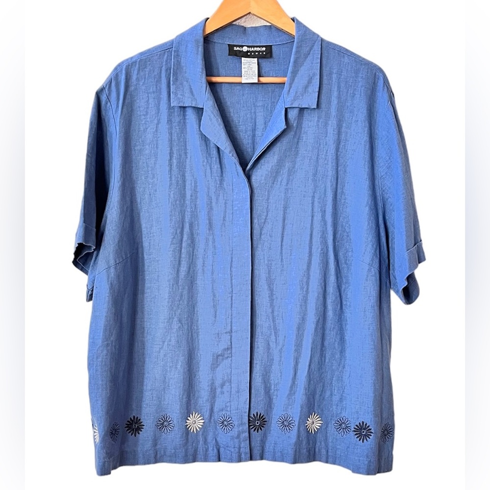 VTG Sag Harbor 55%Linen 45%Rayon Floral Embroidered Women Blue Blouse 2XL